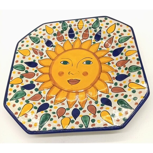 Mexican Art Pottery 12" Octagonal Lead Free Platter Redware Sun Flower Design - Picture 8 of 8